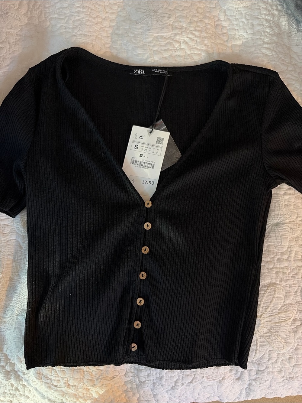 ZARA Black Ribbed V-Neck Button Front Top